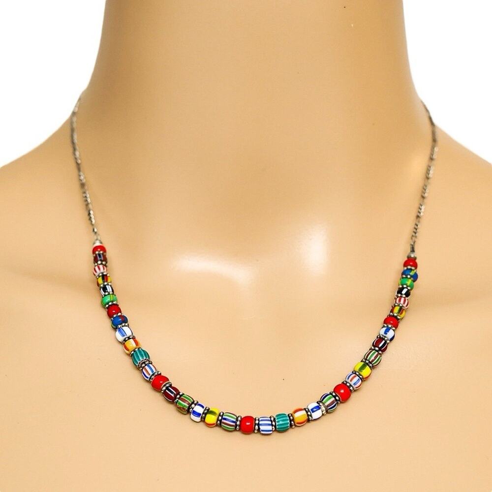 Sterling Silver Italy 925 Rainbow Chevron Stripe Bead Necklace Vintage Murano